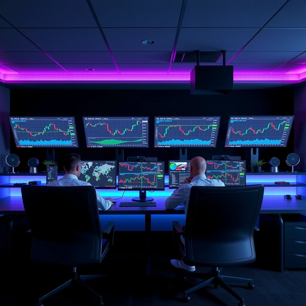 Mustliod Studio modern office workspace with financial charts and gaming technology